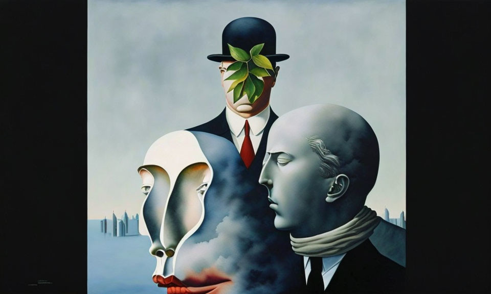 Surreal painting: Three figures with apple, bird mask, and cloud face.