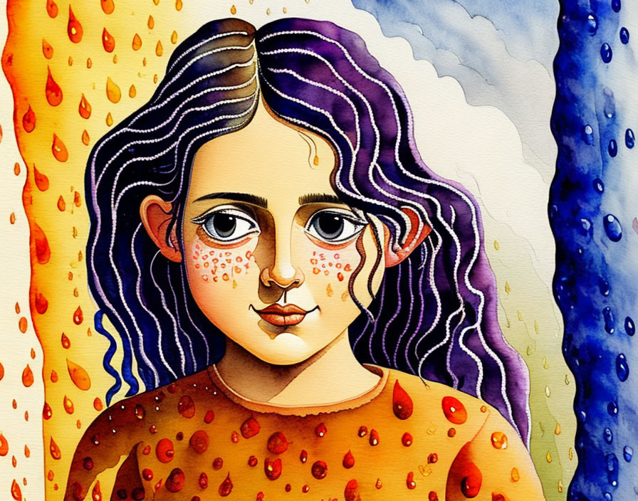 Stylized watercolor painting of girl with purple hair and raindrop motifs