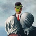 Surreal painting: Three figures with apple, bird mask, and cloud face.