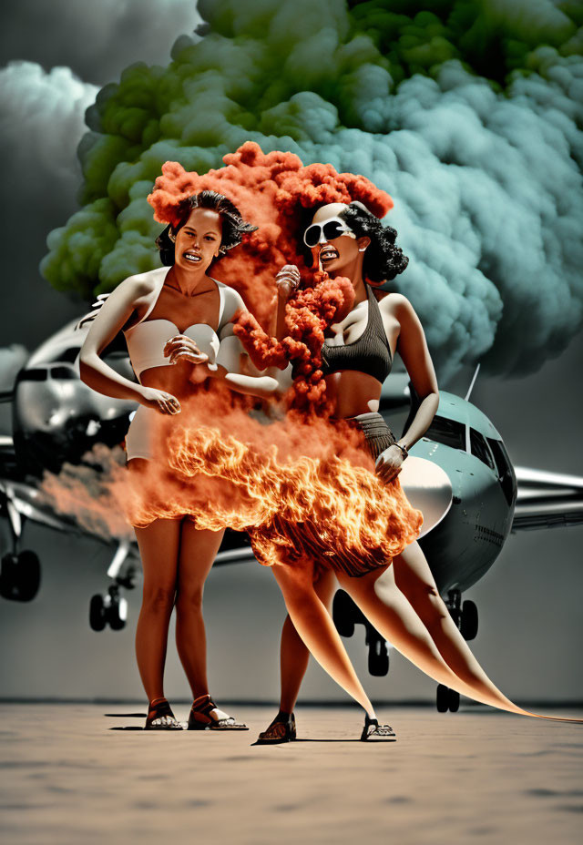 Two women in swimwear posing confidently in front of an airplane with dramatic flames and smoke.