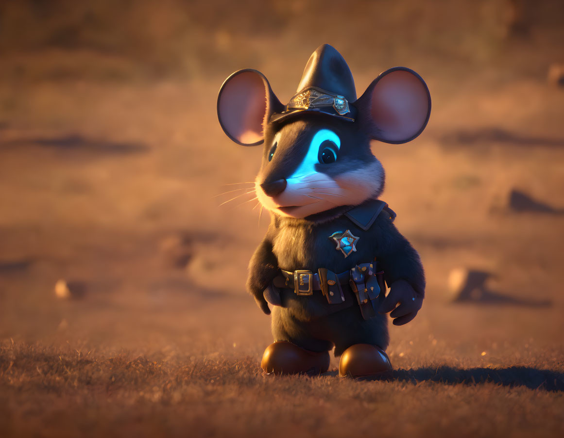 Sheriff-themed 3D animated mouse in warm sunset scene