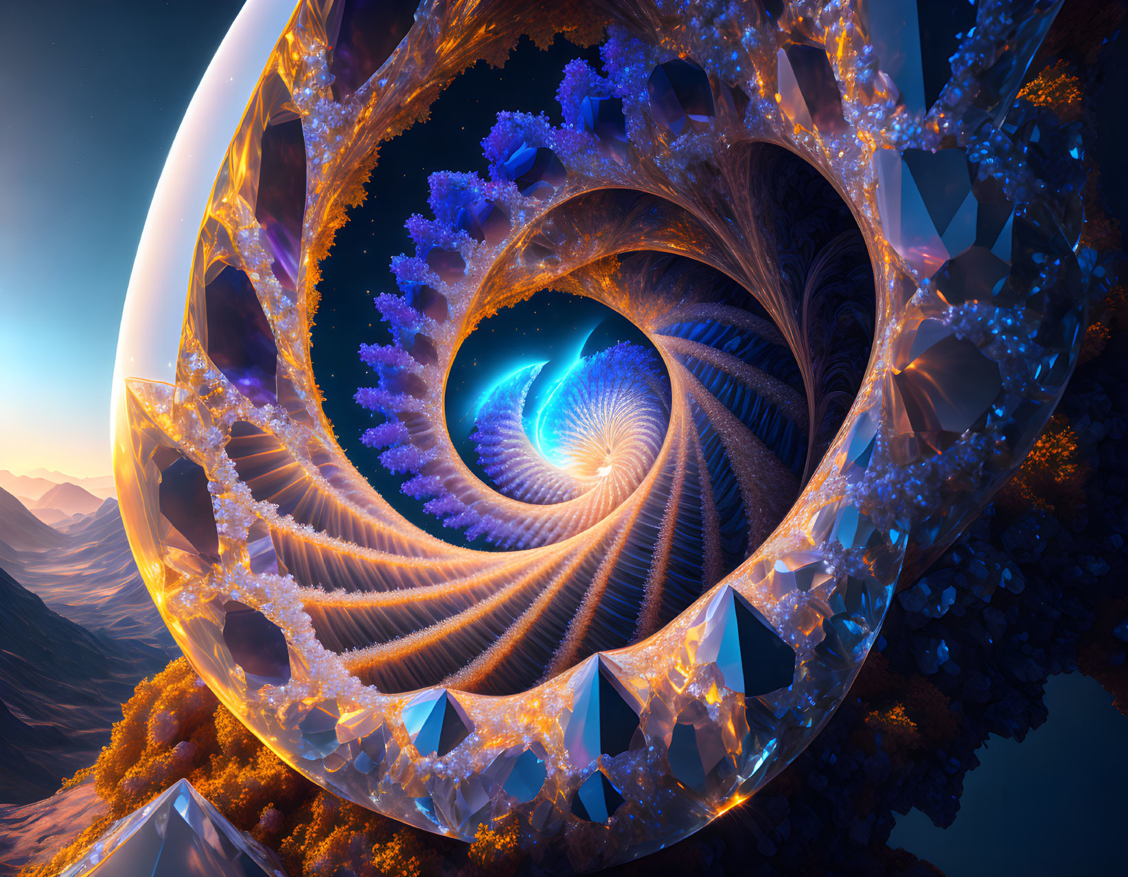 Spiral Fractal Design with Glowing Edges and Gem-like Structures in Mountainous Sunrise/S