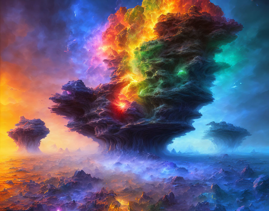 Colorful digital artwork: Fantastical floating islands in surreal sky