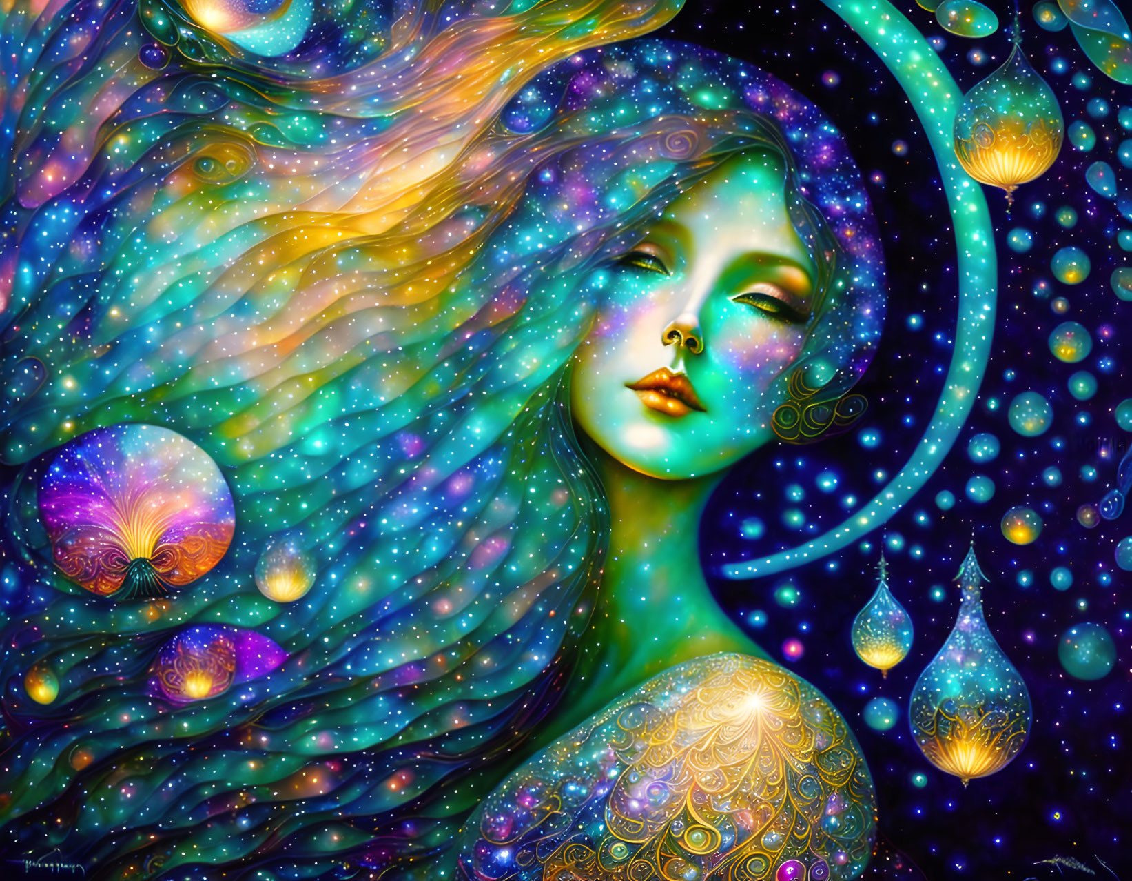 Woman's cosmic-themed artwork with stars, galaxies, and glowing ornaments