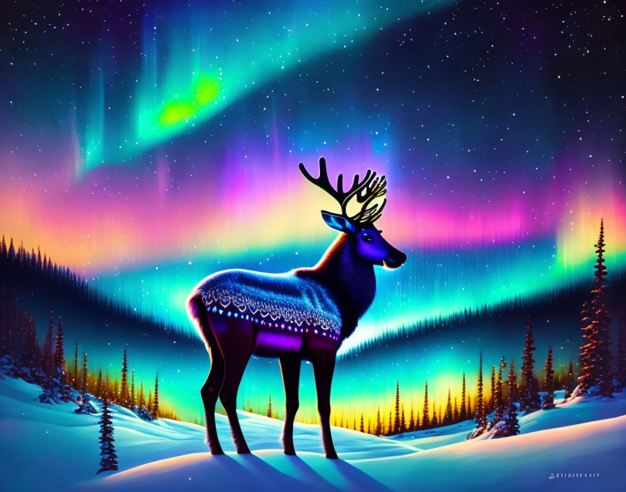 Colorful reindeer in snowy forest under aurora borealis