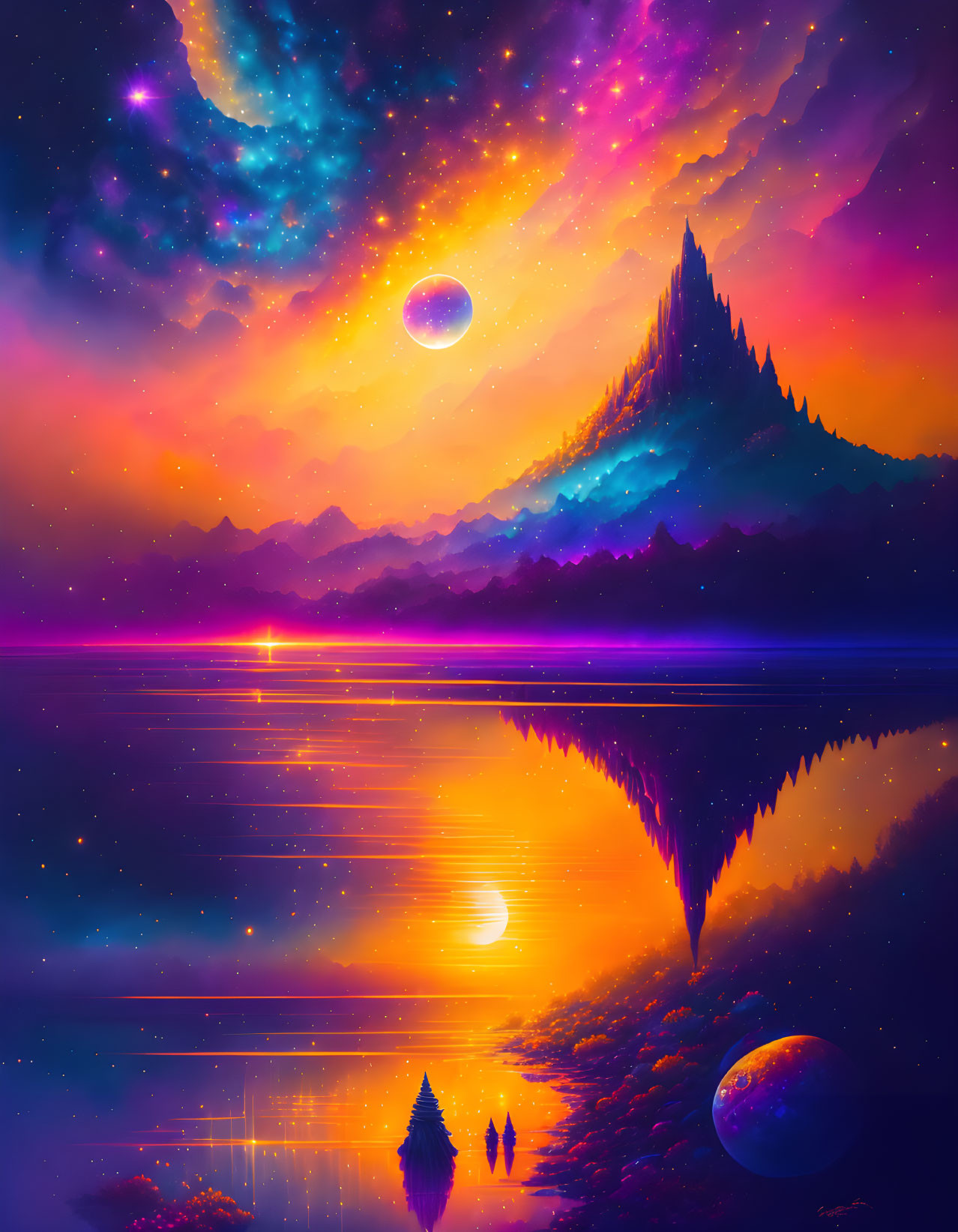 Cosmic landscape with starry sky, water reflection, celestial bodies, glowing horizon