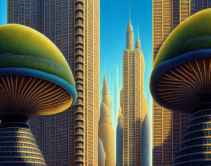 Futuristic cityscape with skyscrapers and mushroom-like structures