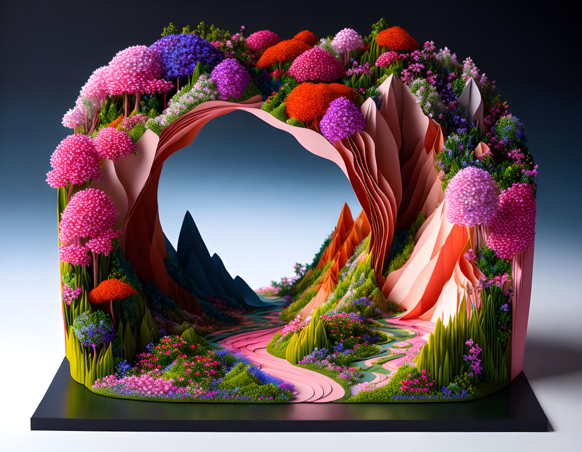 Colorful 3D landscape with surreal mountains and oversized flowers