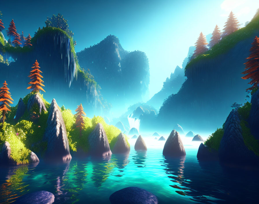 Vibrant blue river in serene landscape with lush greenery and mountain peaks.