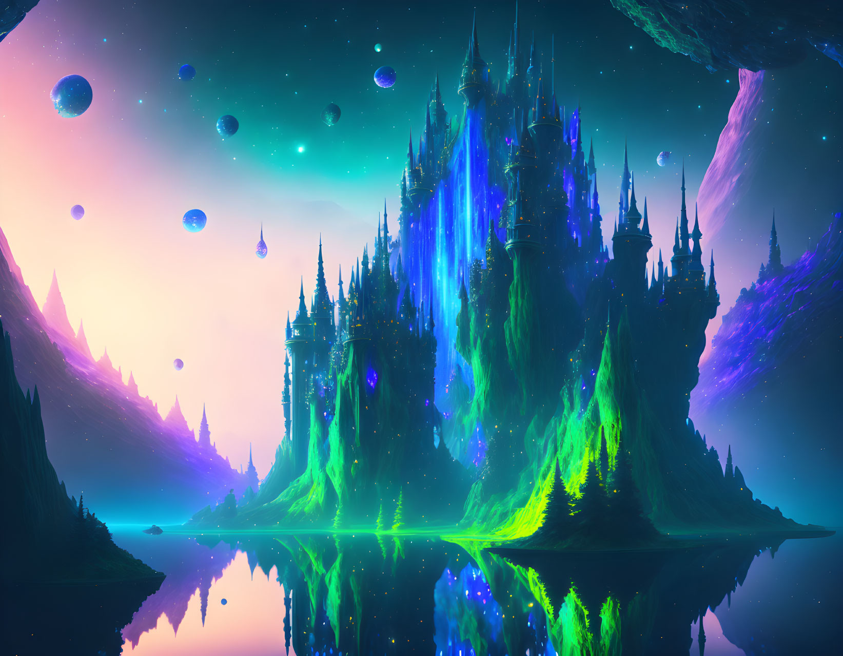 Fantasy landscape with neon-lit castle, spires, celestial bodies, and starry sky