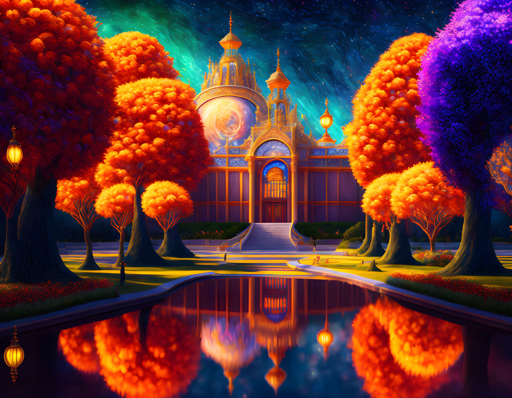 Colorful Fantasy Palace with Starry Night Sky and Glowing Lanterns