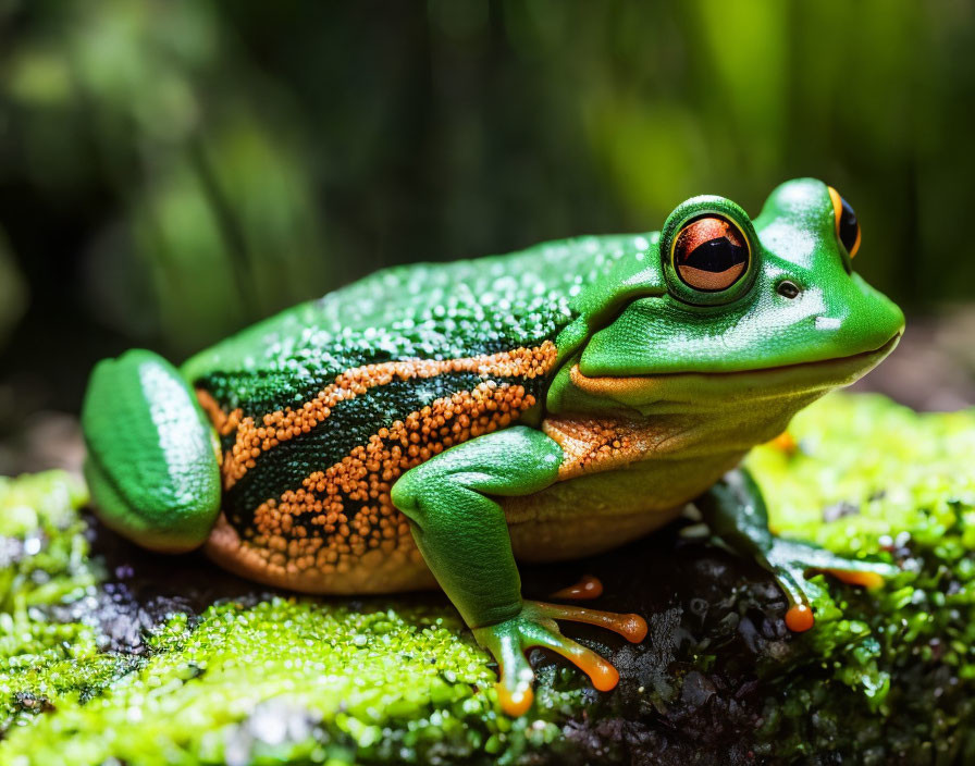 Colorful Frog on Mossy Surface with Reflective Eyes