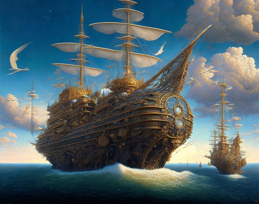 Fantasy steampunk-style ships sailing on calm sea with crescent moons and fluffy clouds.