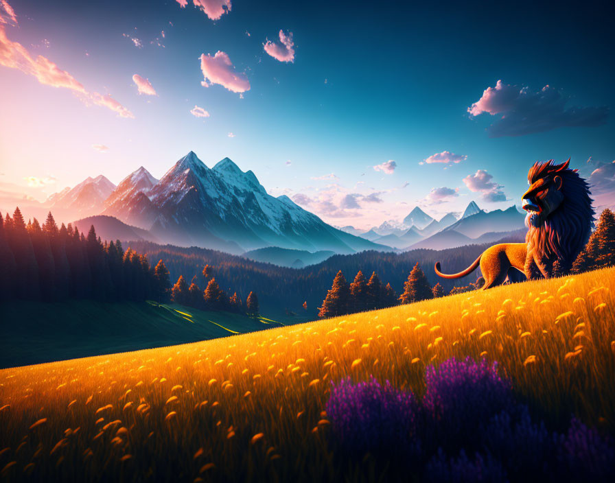 Majestic lion in vibrant field with purple flowers and snow-capped mountains under sunset sky