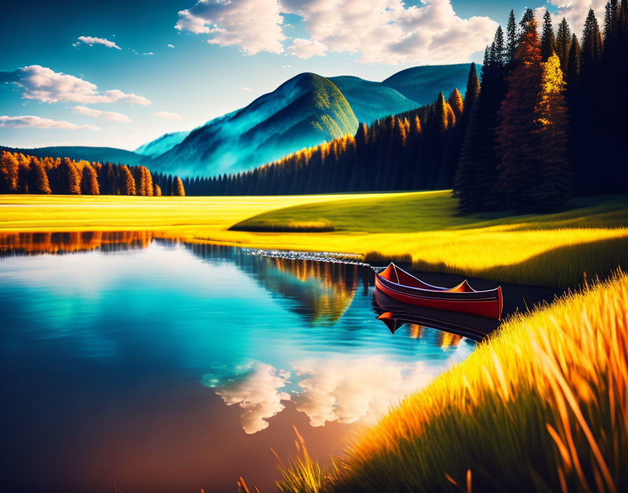 Tranquil lake scene with red boat, lush forests, and mountains