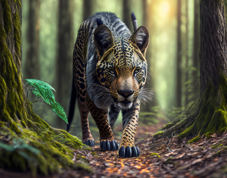 Majestic jaguar in sun-dappled forest with intense gaze amid lush greenery