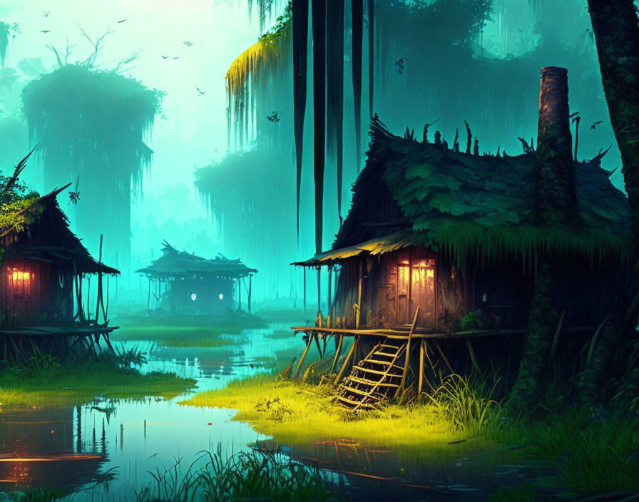 Mystical swamp scene with thatched huts, reflective water, lush greenery, and enchant