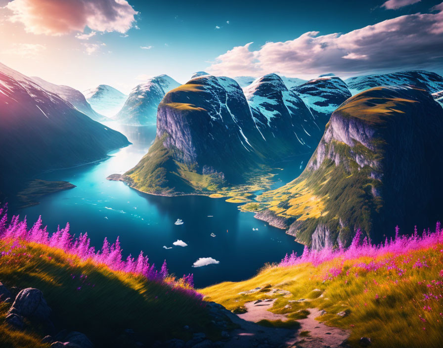 Serene lake, steep mountains, pink wildflowers: Vibrant landscape scene