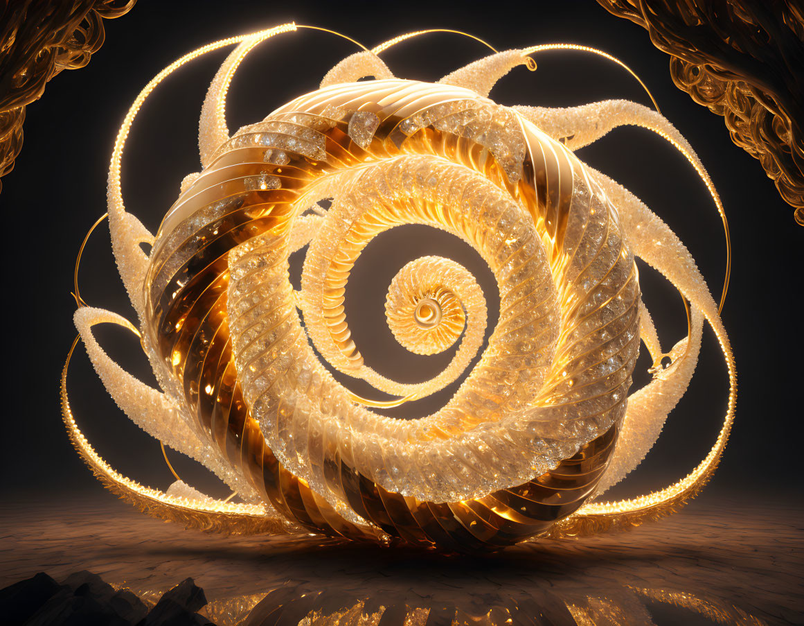 Fractal-inspired spiral structure with glowing golden lights on reflective surface