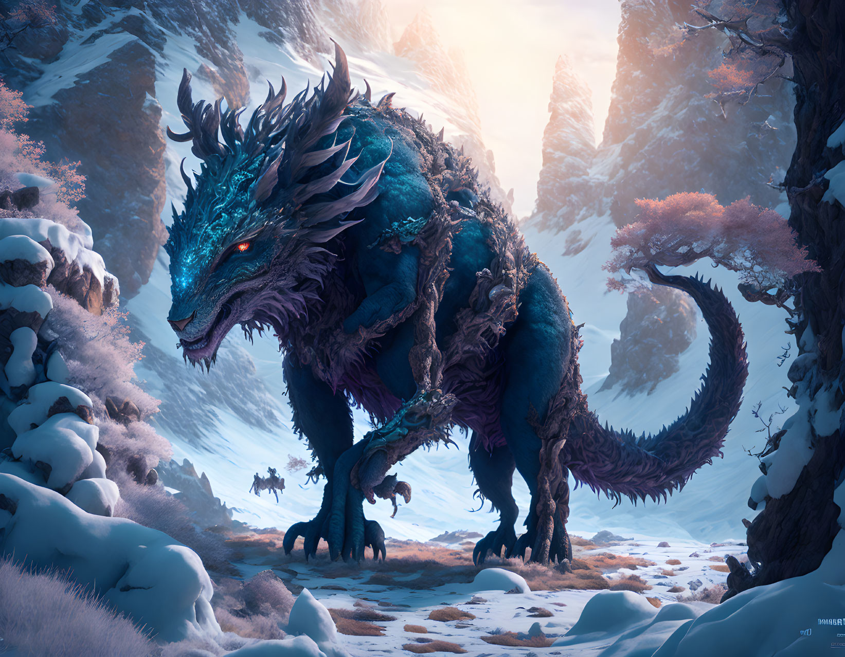 Blue-scaled dragon in snowy canyon with pink trees