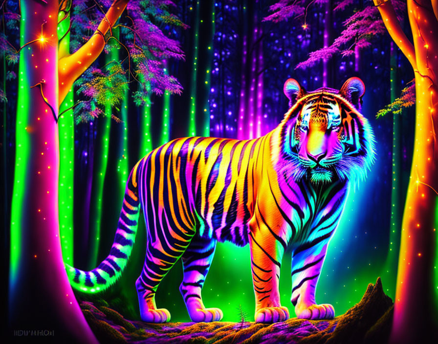 Vibrant Neon Artwork: Tiger in Fluorescent Forest