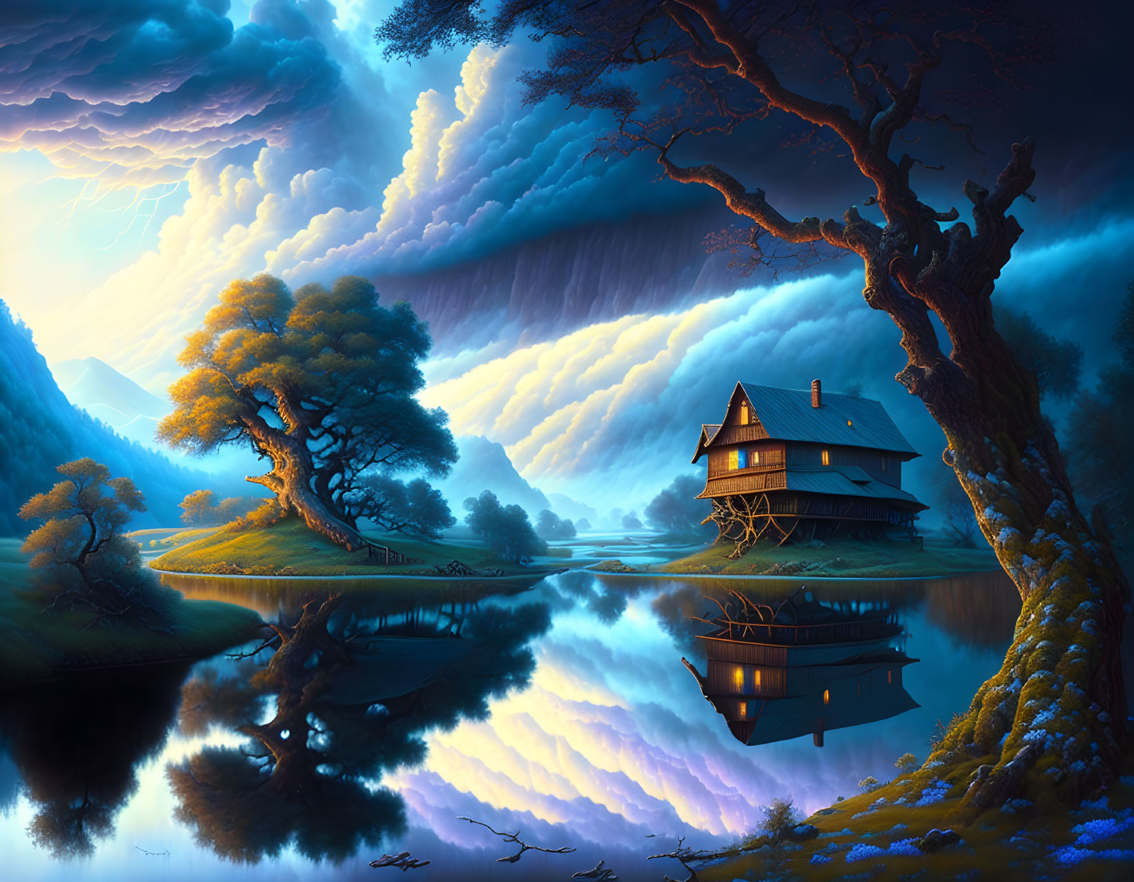 Ethereal landscape with luminous house by calm lake and stormy sky