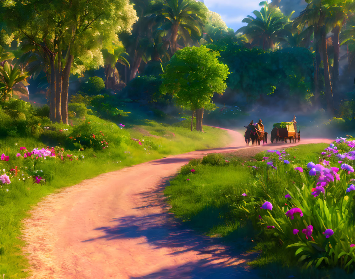 Tranquil landscape with dirt path, carriage, greenery, and flowers