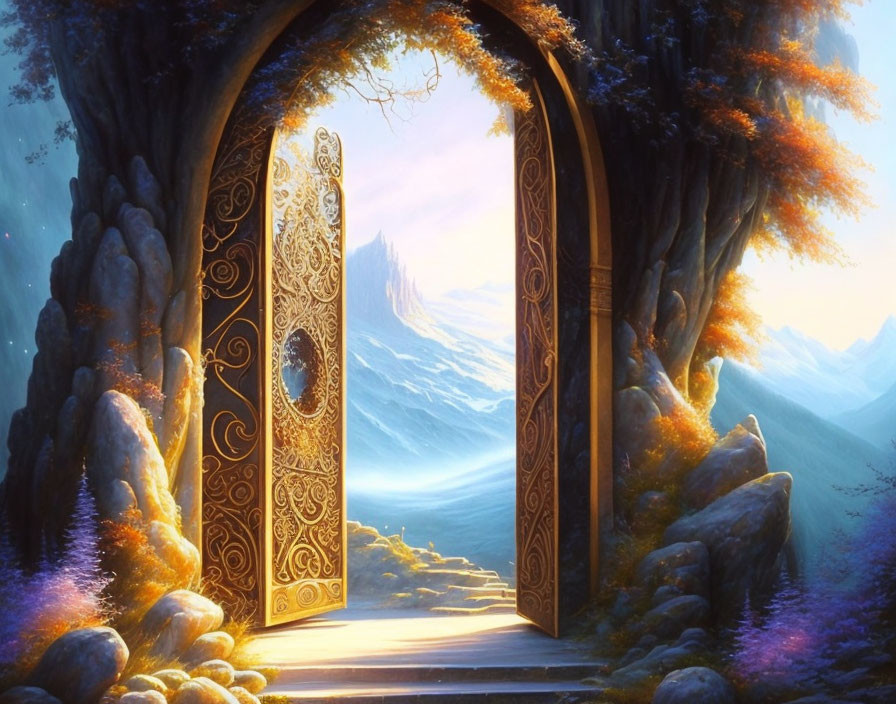 Ornate open doorway in mystical forest with snowy mountains view