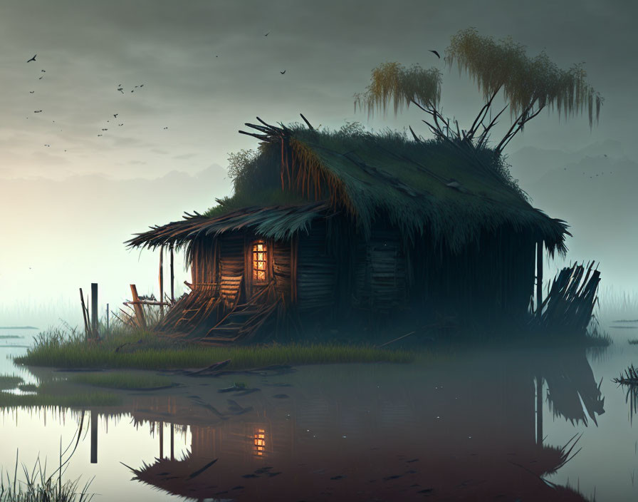 Secluded thatched hut by tranquil marsh at dusk