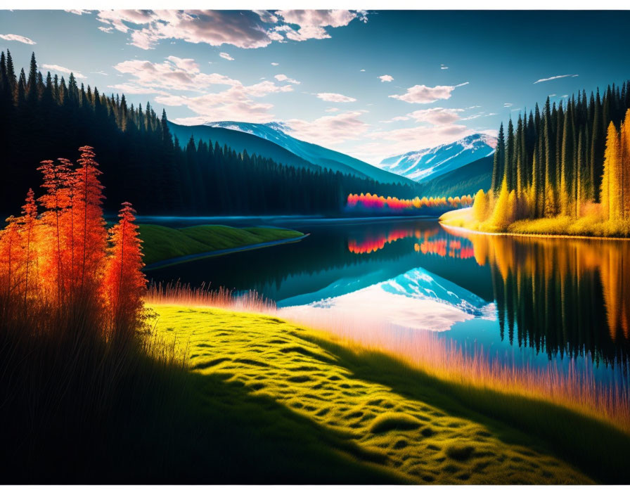 Tranquil autumn lake scene with colorful trees and mountains