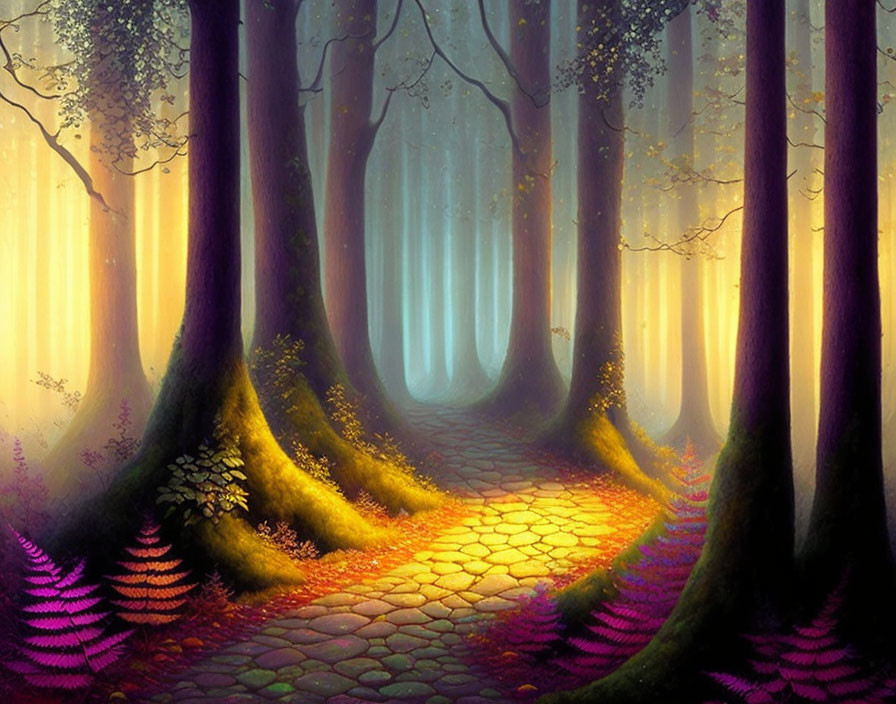 Mystical forest scene: vibrant purple ferns, golden light, cobblestone trail