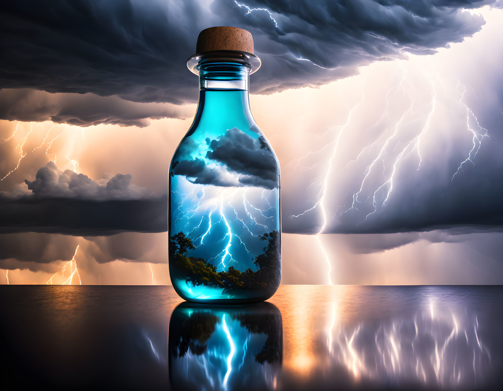 Transparent bottle with stormy sky and lightning bolts on glossy surface