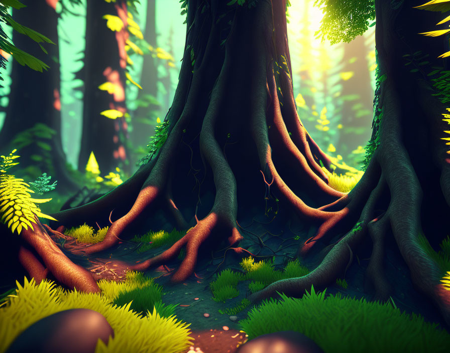 Dense Forest Scene: Sunlight on Tree Roots, Moss, and Plants