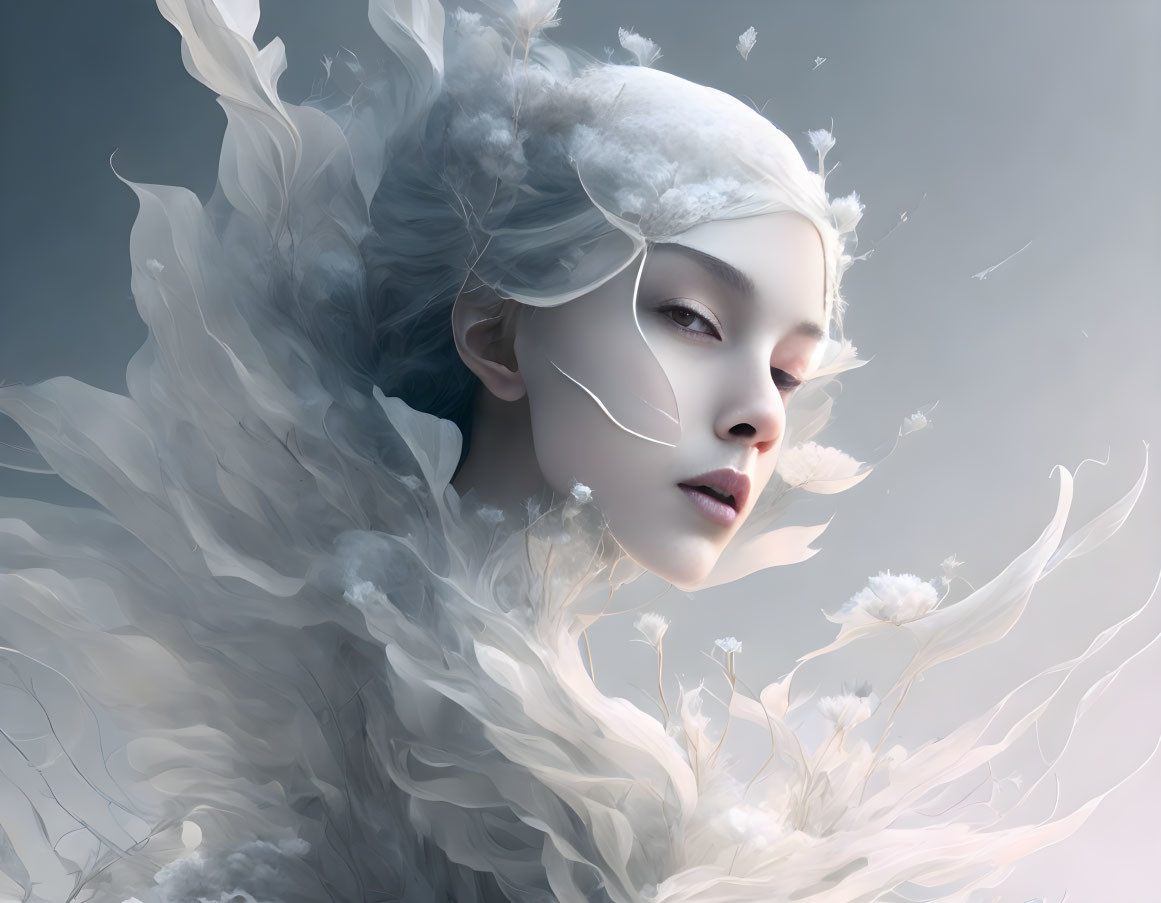 Serene digital artwork of ethereal woman with white feather-like elements