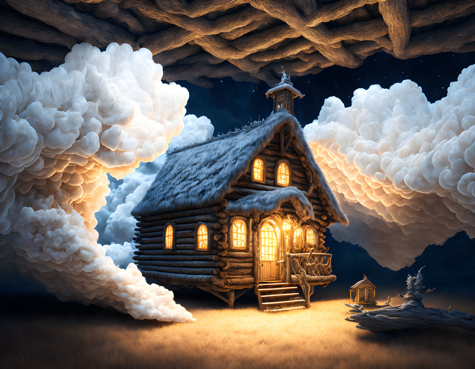 Cozy illuminated log cabin in snowy night scene