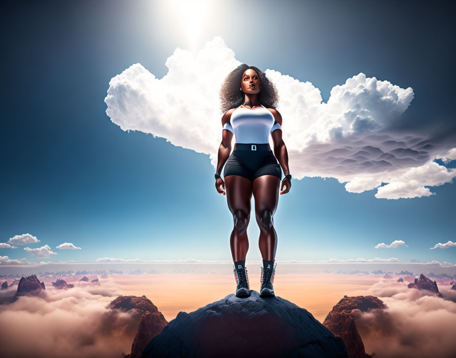 Confident woman on mountain peak with billowy clouds and distant mesas