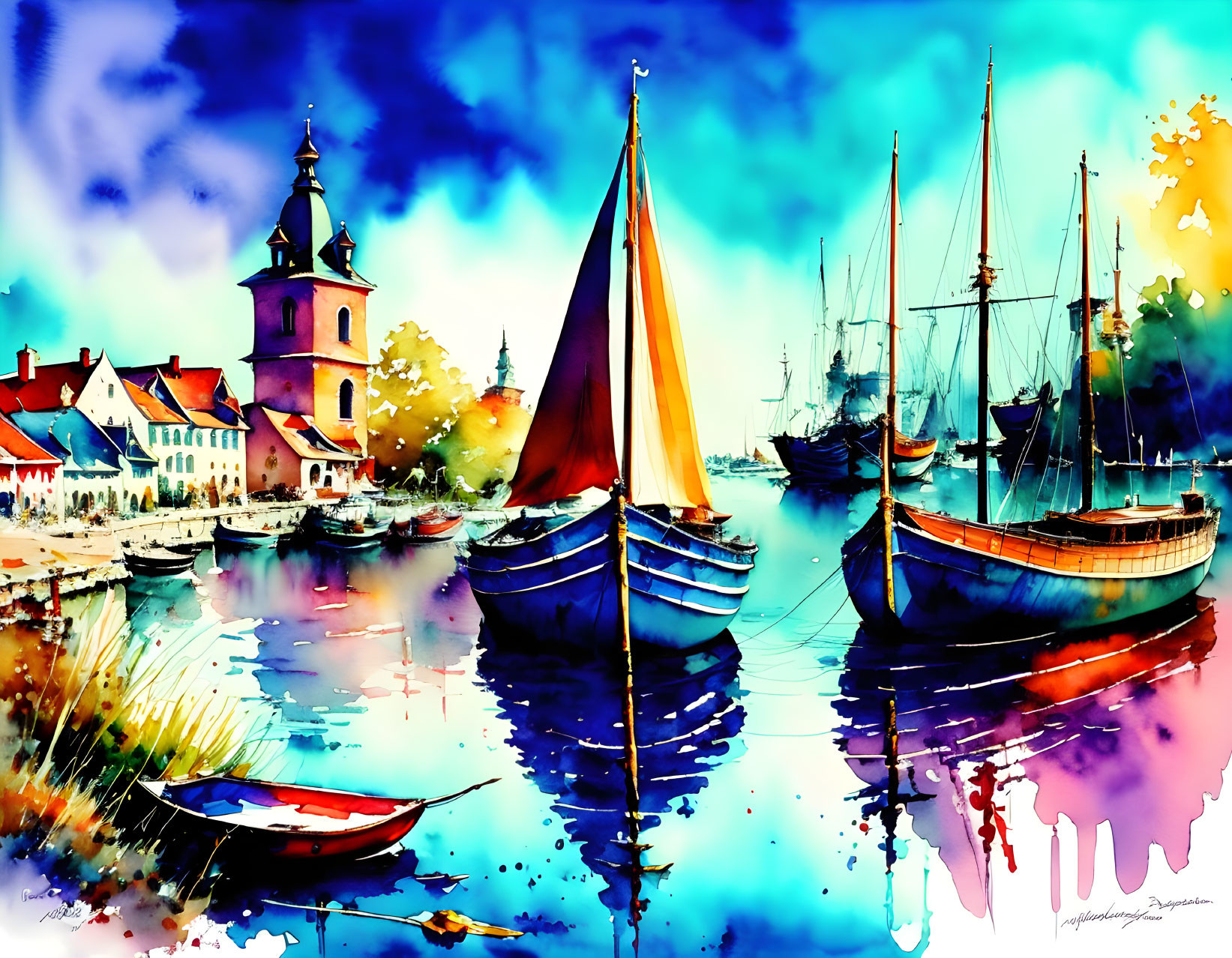 Vibrant watercolor painting of harbor scene with boats and church steeple