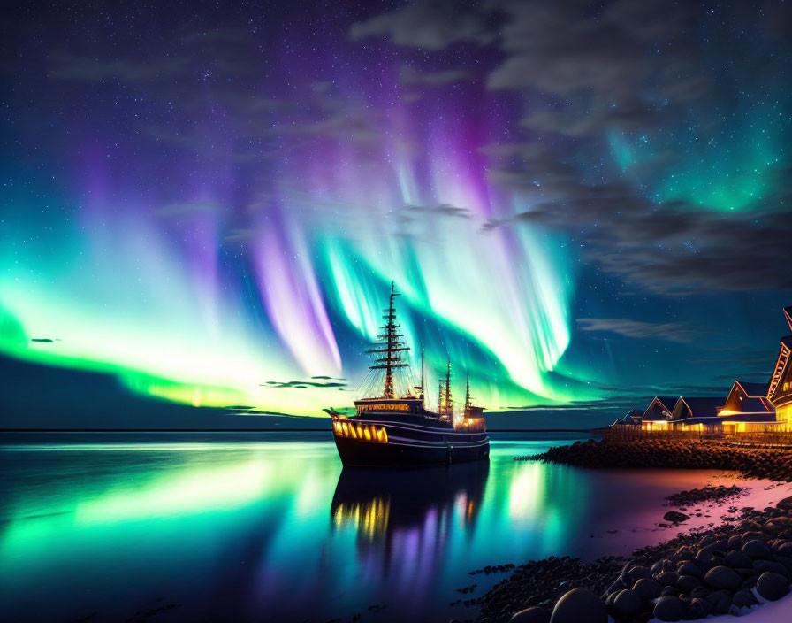 Historic sailboat by stony shore under aurora borealis and starry night sky