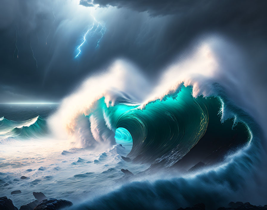 Turquoise wave against stormy sky with lightning.