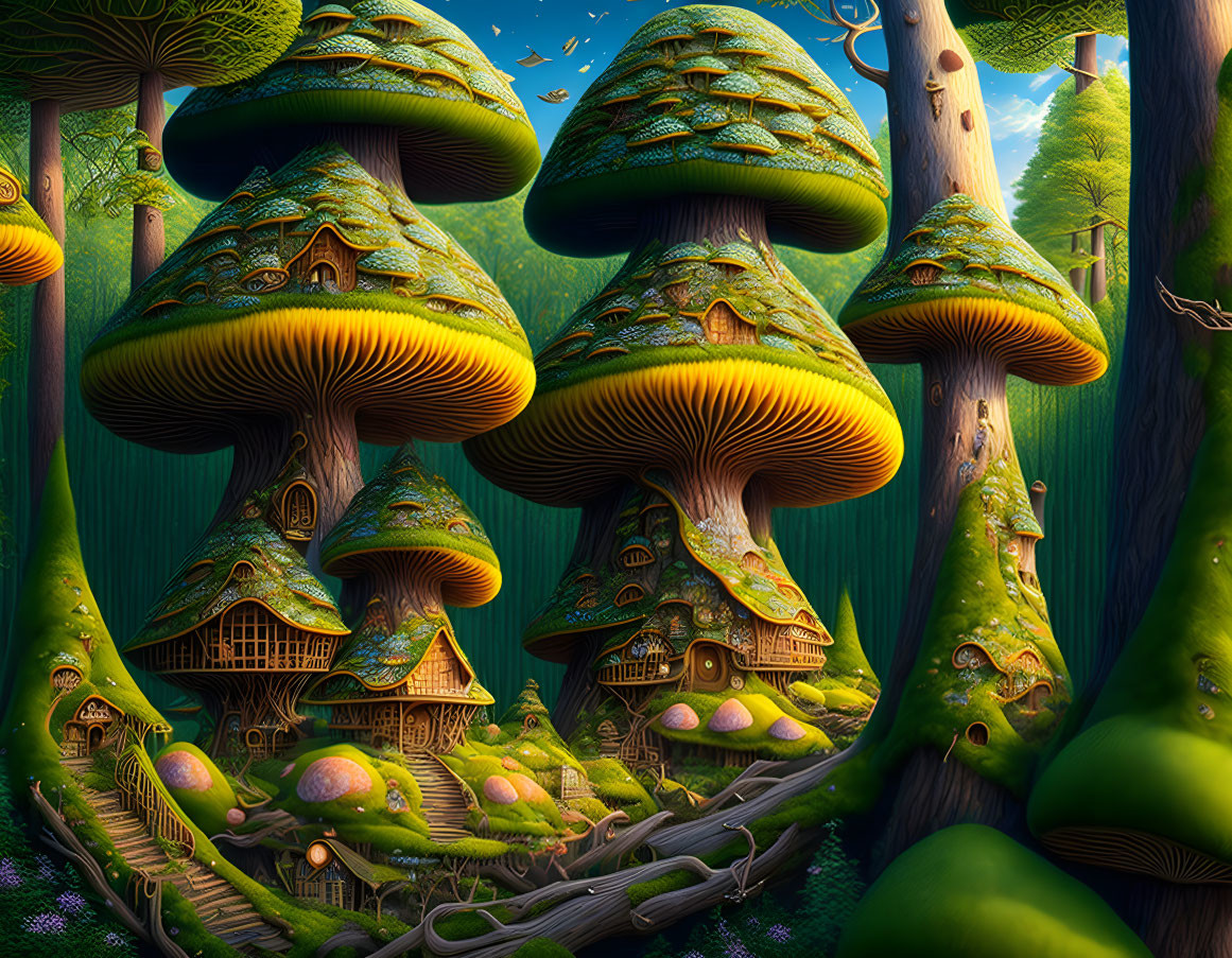 Vibrant Forest with Fantasy Mushroom Houses