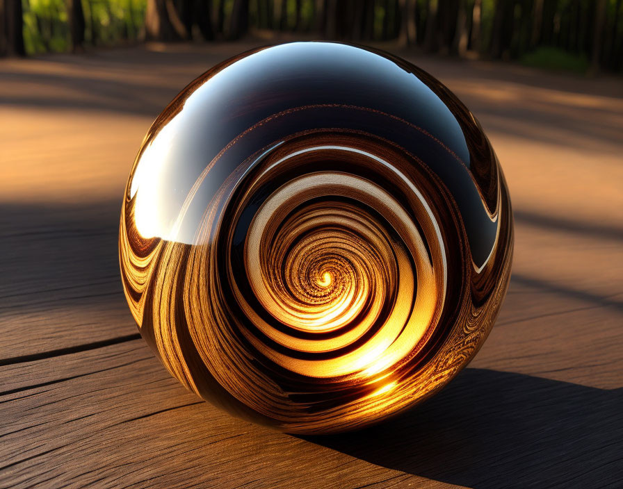 Swirl-patterned sphere on wooden deck with trees and sunlight.