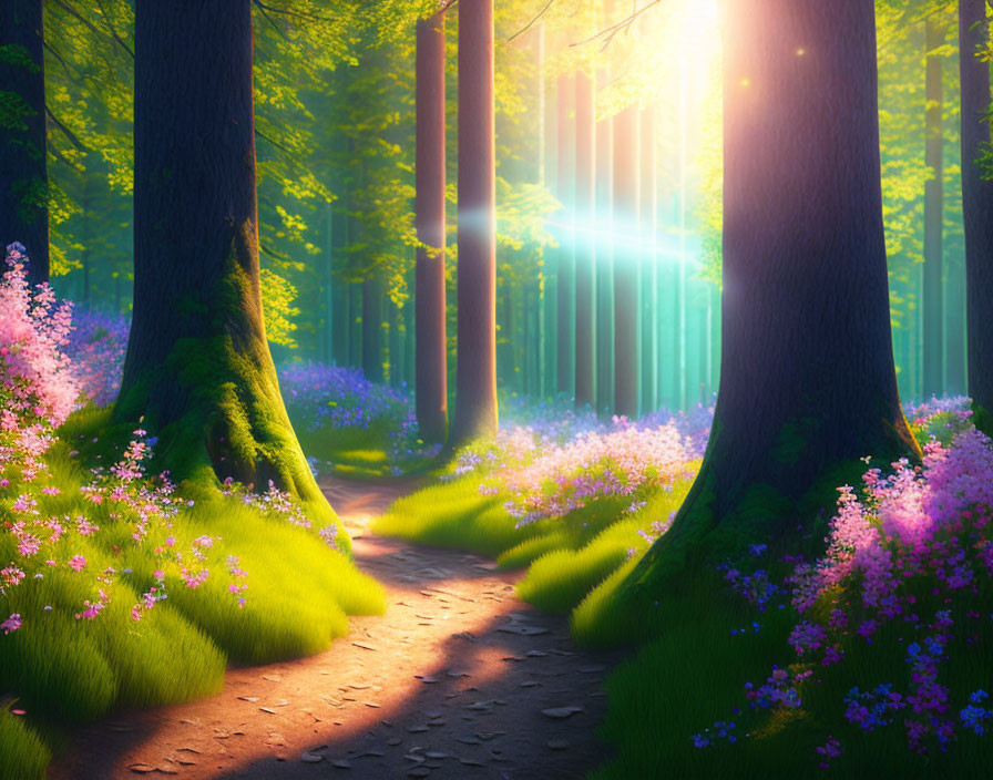 Lush forest path with sunlight and purple flowers