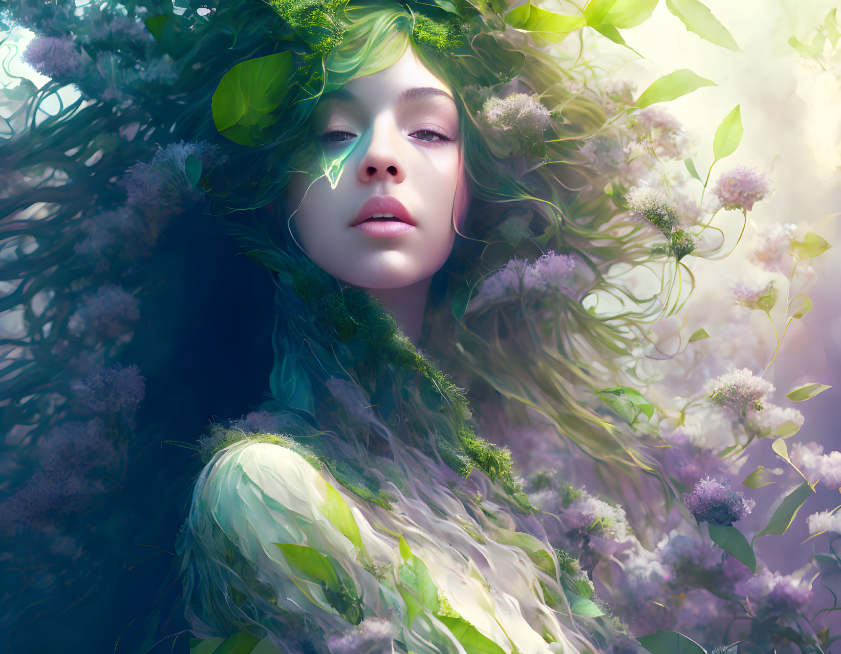 Woman adorned with green leaves and white flowers in mystical setting