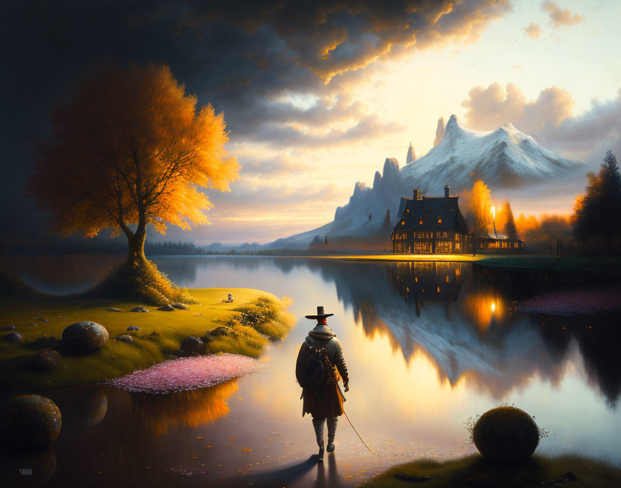 Figure walking by reflective lake near glowing house, vibrant tree, and snow-capped mountains at sunset