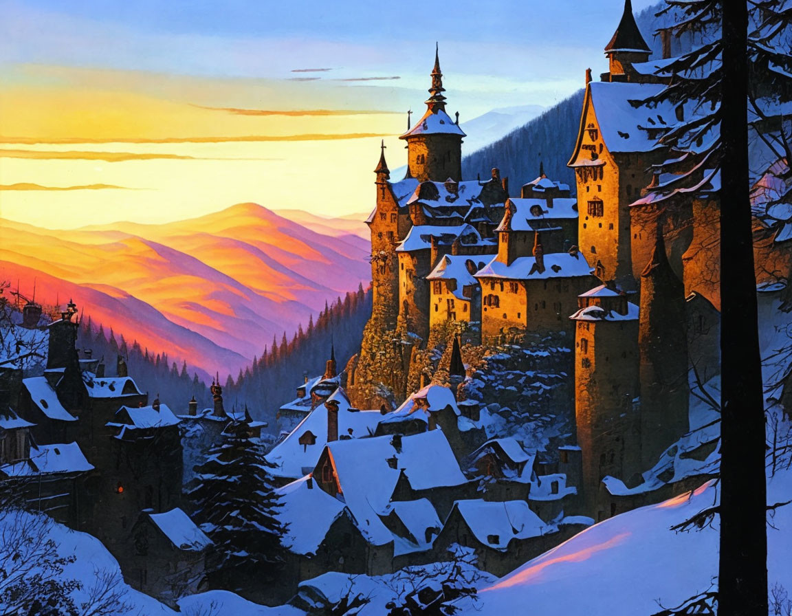 Snow-covered castle on hill at sunset in winter landscape