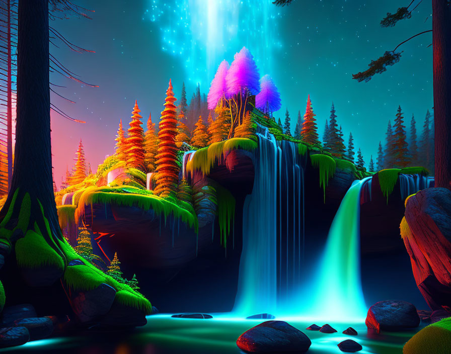 Colorful Trees and Glowing Blue Waterfall in Fantastical Landscape