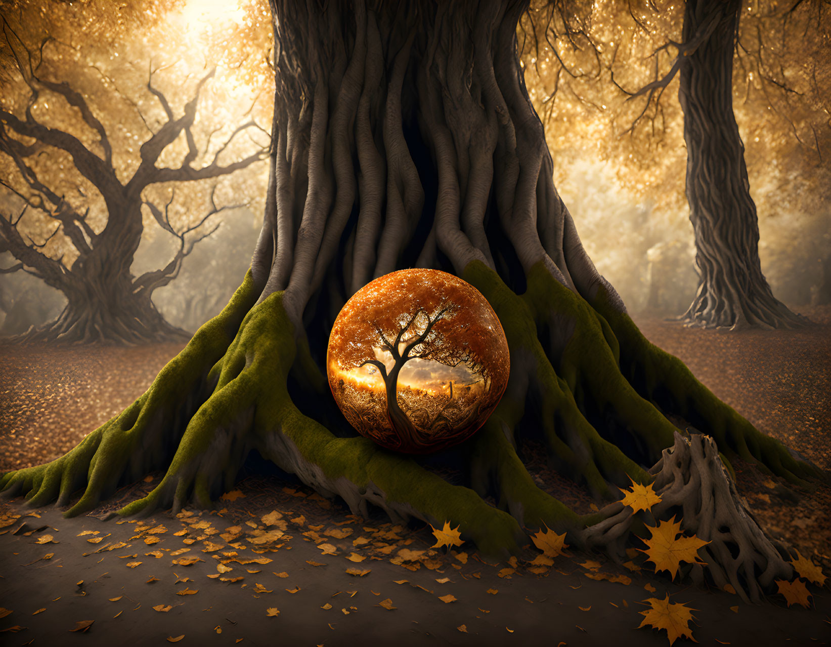 Mystical autumn scene with crystal ball and enchanted forest landscape