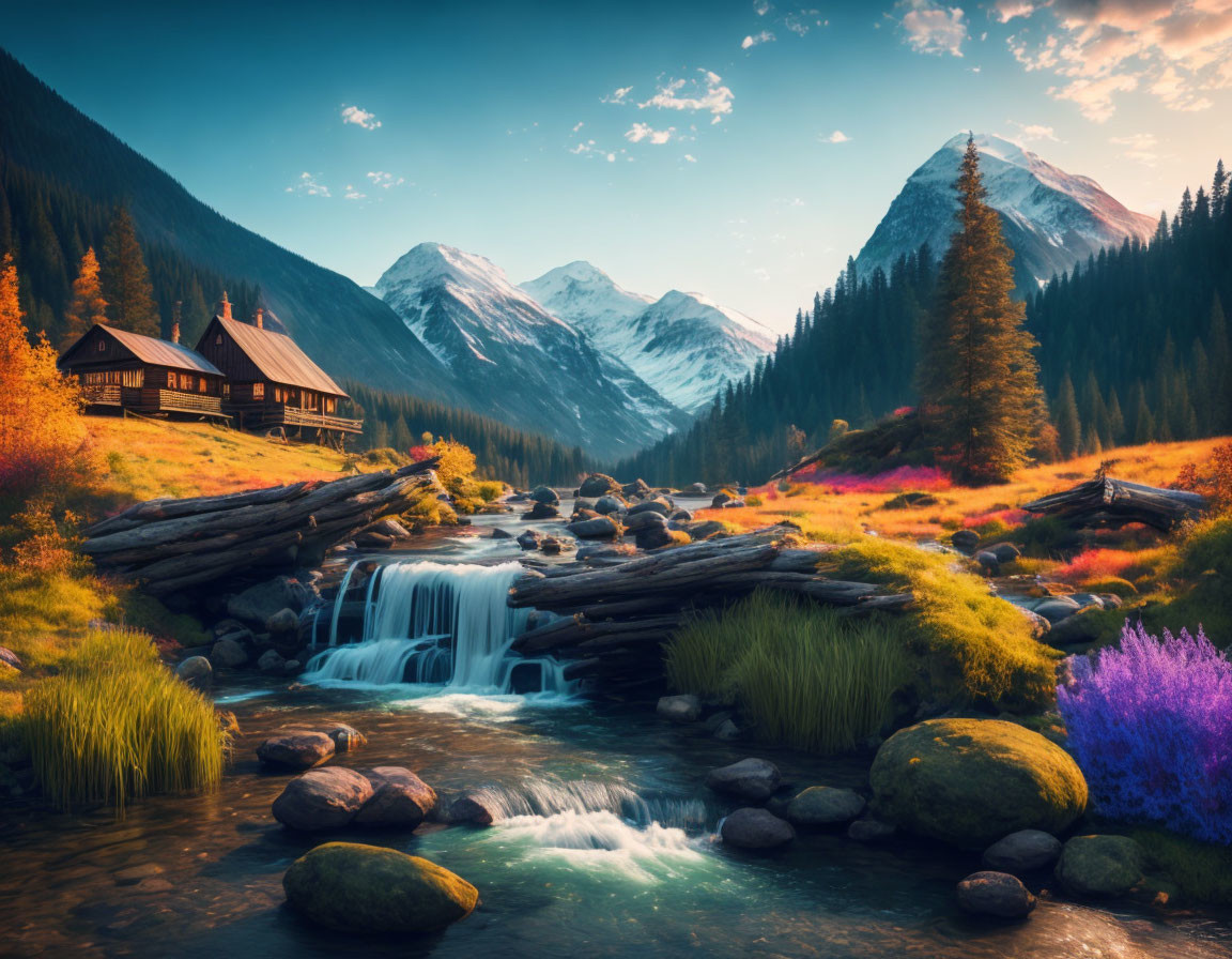 Tranquil mountain landscape with stream, cabin, and vibrant foliage