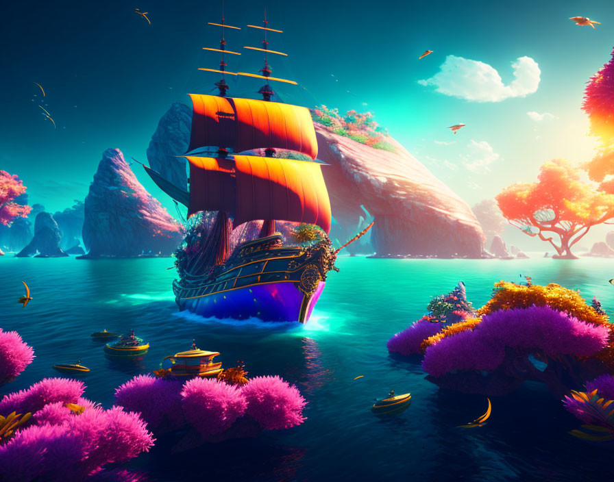 Majestic ship sailing through vibrant fantasy seascape