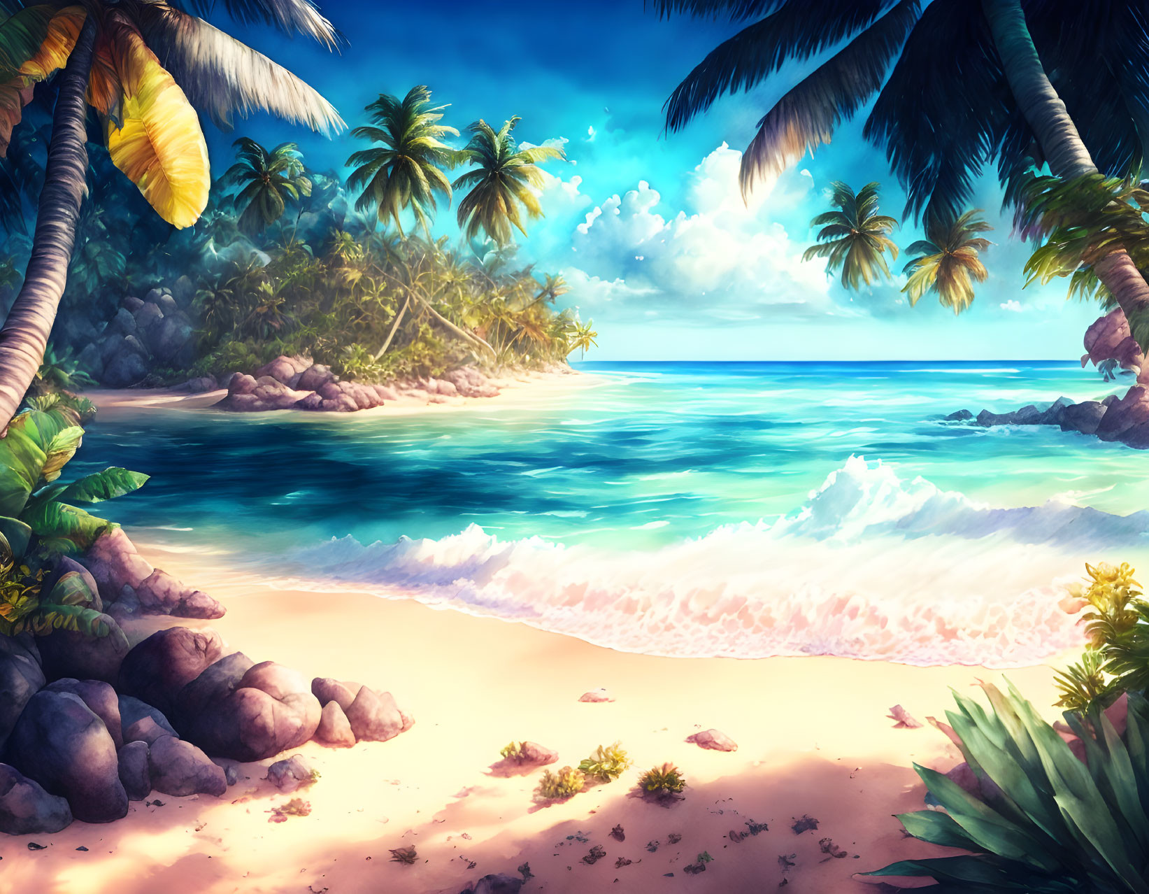 Tropical Beach Scene with Palm Trees and Turquoise Water